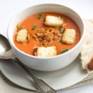 Tomato Pesto Soup with Cheesy Croutons