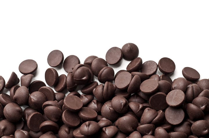 Chocolate chips on white background.