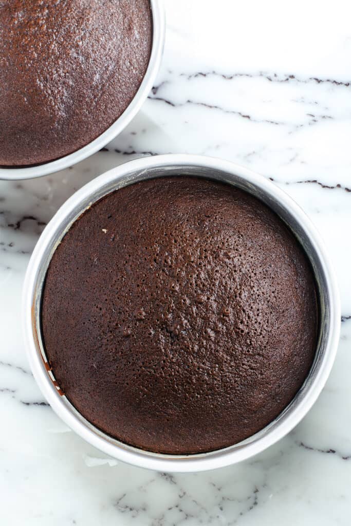 The freshly baked Devil's Food Cakes in the pan.