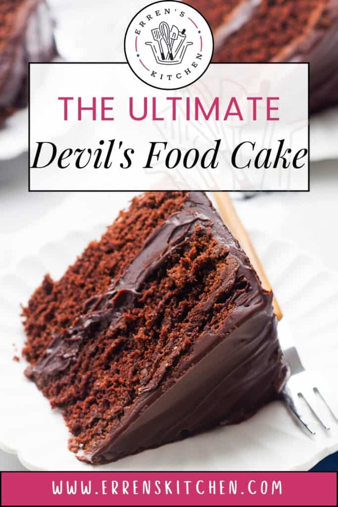 An advertisement image for Erren's Kitchen featuring a close-up of a slice of devil's food cake with chocolate frosting, with text overlay that reads "THE ULTIMATE Devil's Food Cake" and the website address "www.errenskitchen.com" displayed at the bottom.