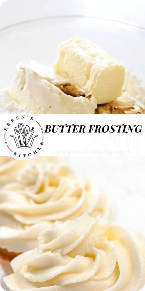 butter frosting in a bowl and on cupcakes
