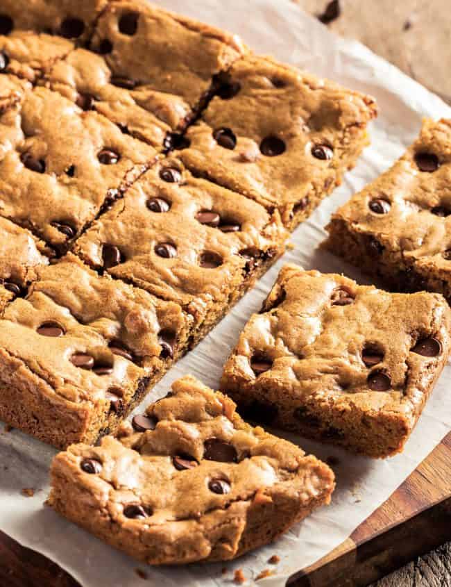 a batch of fresh cut chocolate chip blondies on baking paper