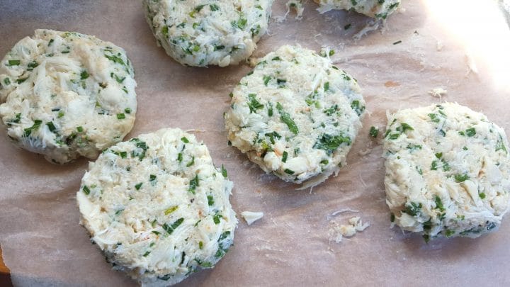 the mixture formed into six crab cake patties