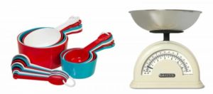 Kitchen scales and measuring cups