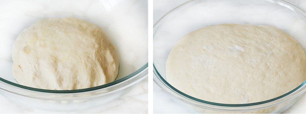 two photos of dough in a bowl one before rising and one doubled in size