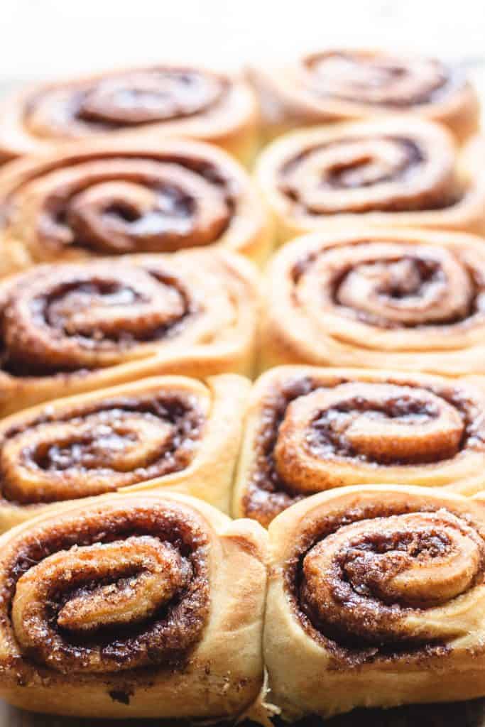 freshly baked cinnamon rolls in a pan fresh out of the oven