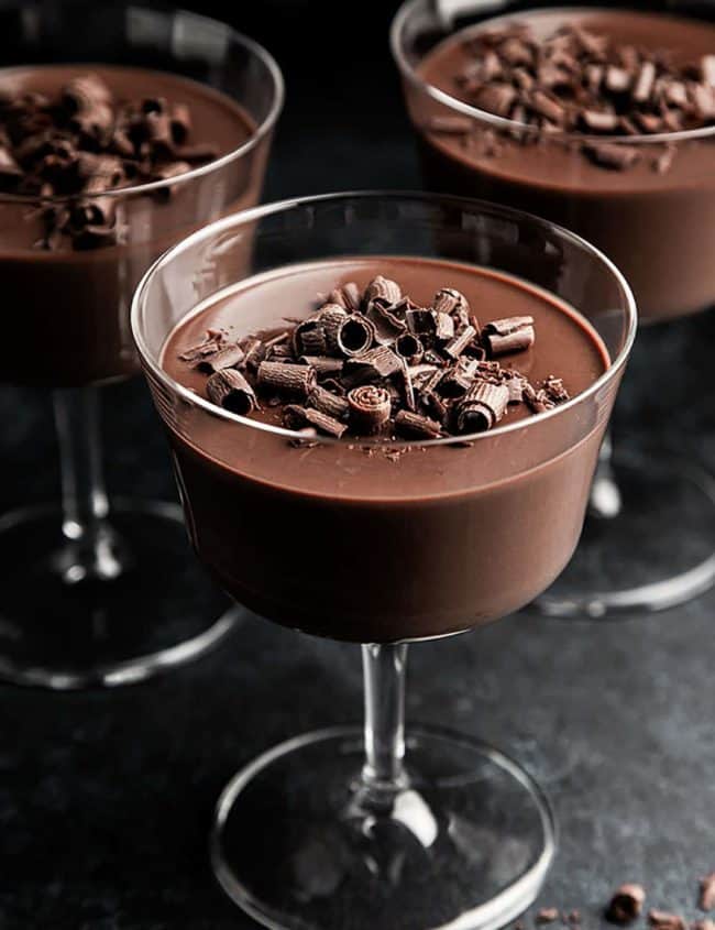 Chocolate Ganache in a stemmed glass topped with chcolate shavings