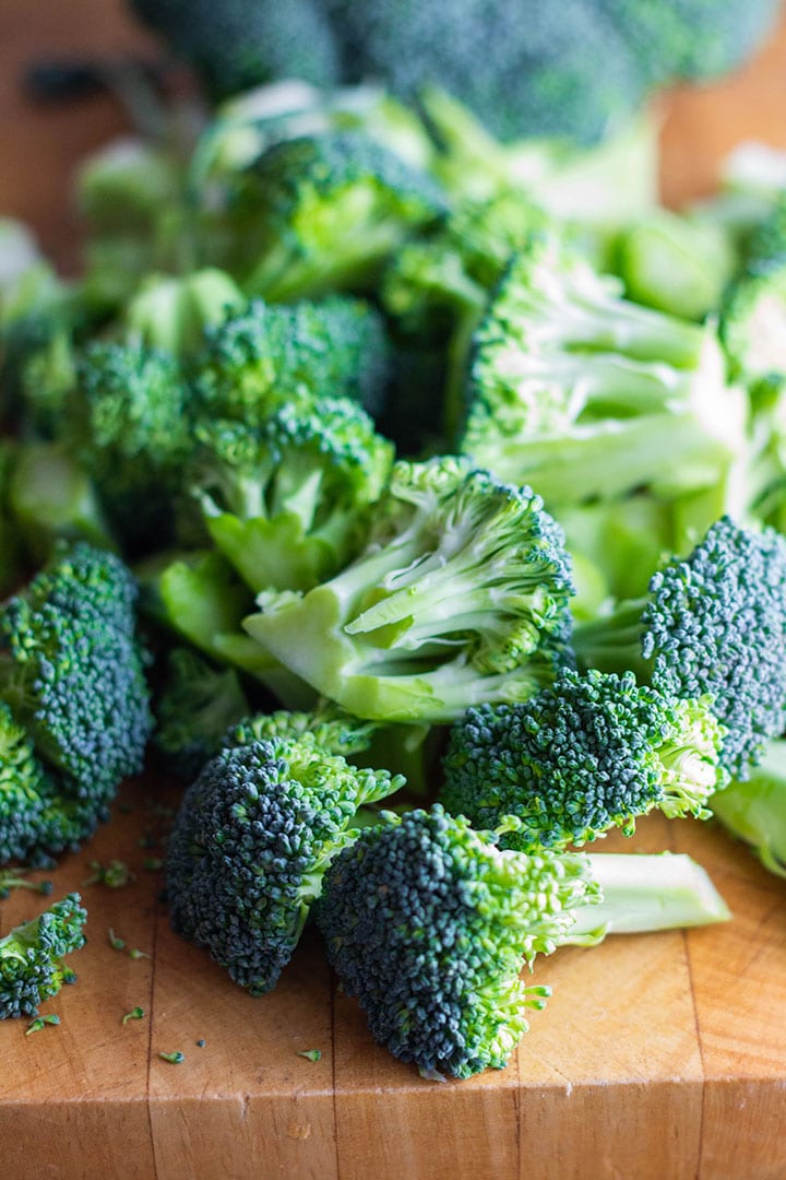 Broccoli florets on a cutting board