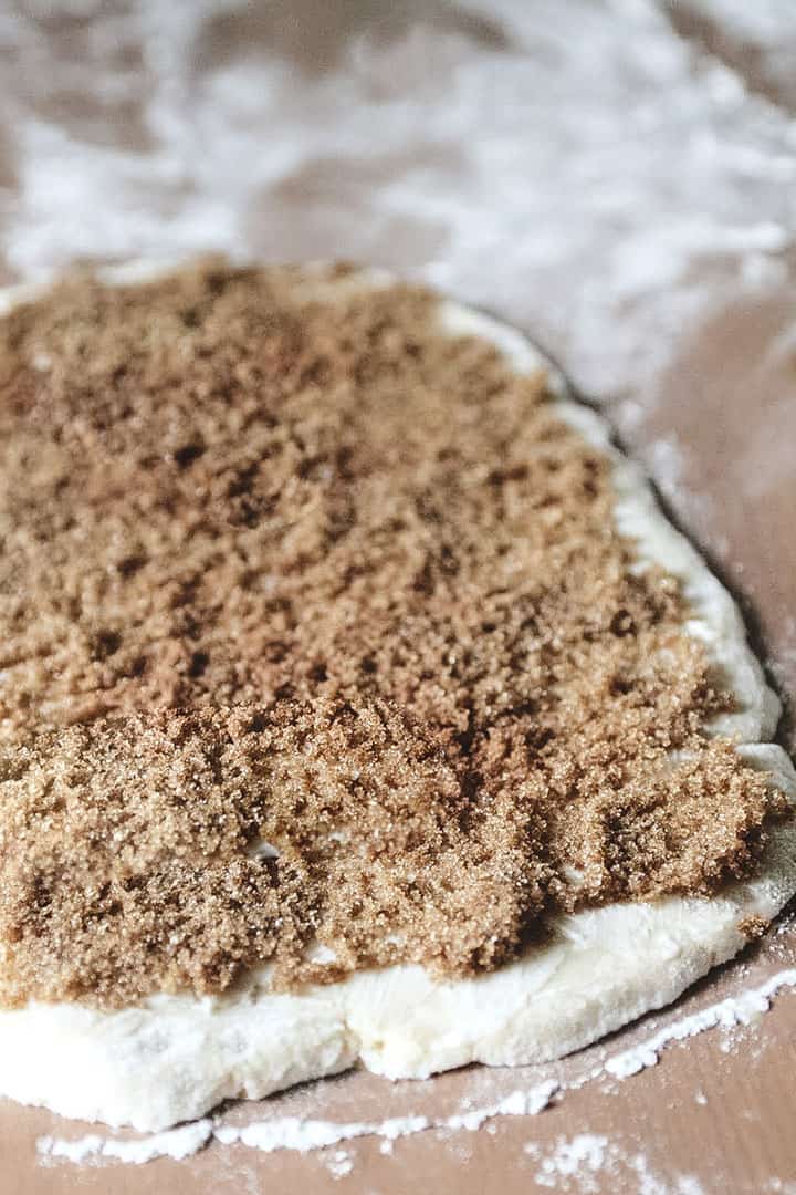 the rolled dough sprinkled with the filling