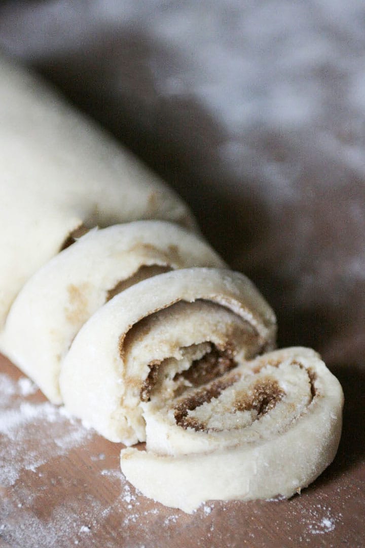 The rolled dough cut into swirls