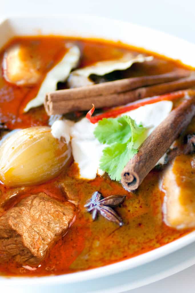 Massaman Curry staged with yogurt and cinnamon sticks