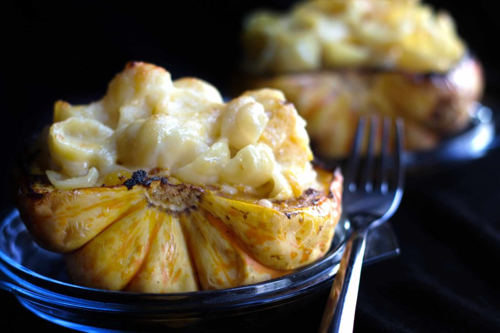 two cheesy pasta stuffed roasted squash ready to eat