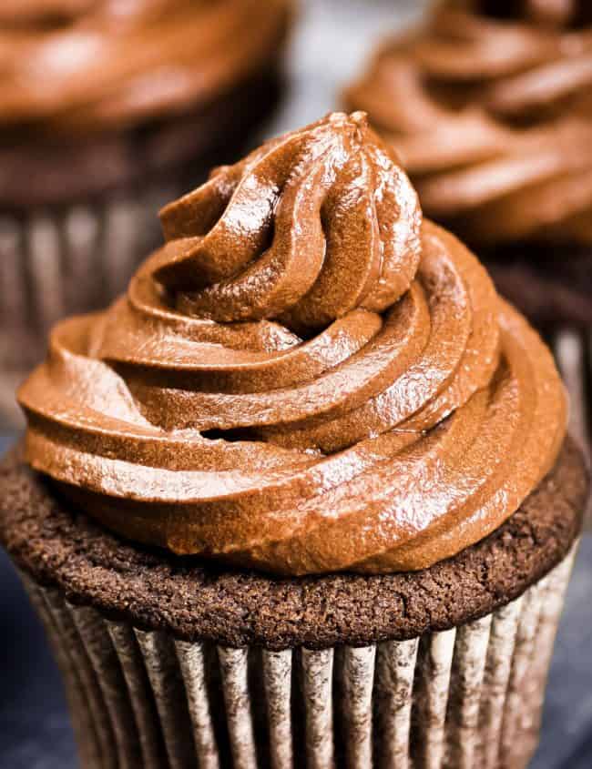 Chocolate Frosted Cupcakes on Metal Tray