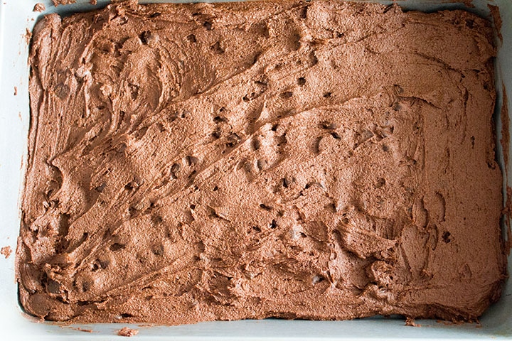Classic Double Chocolate Chip Cookie dough spread into a pan