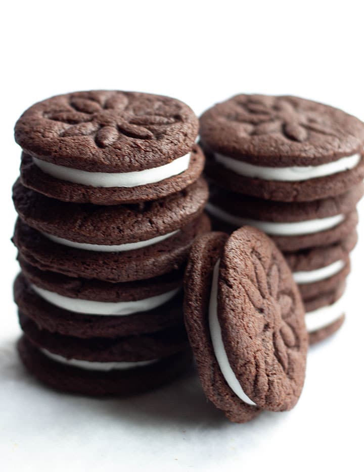 Two stacks of Homemade Oreos with one on it's side up against them