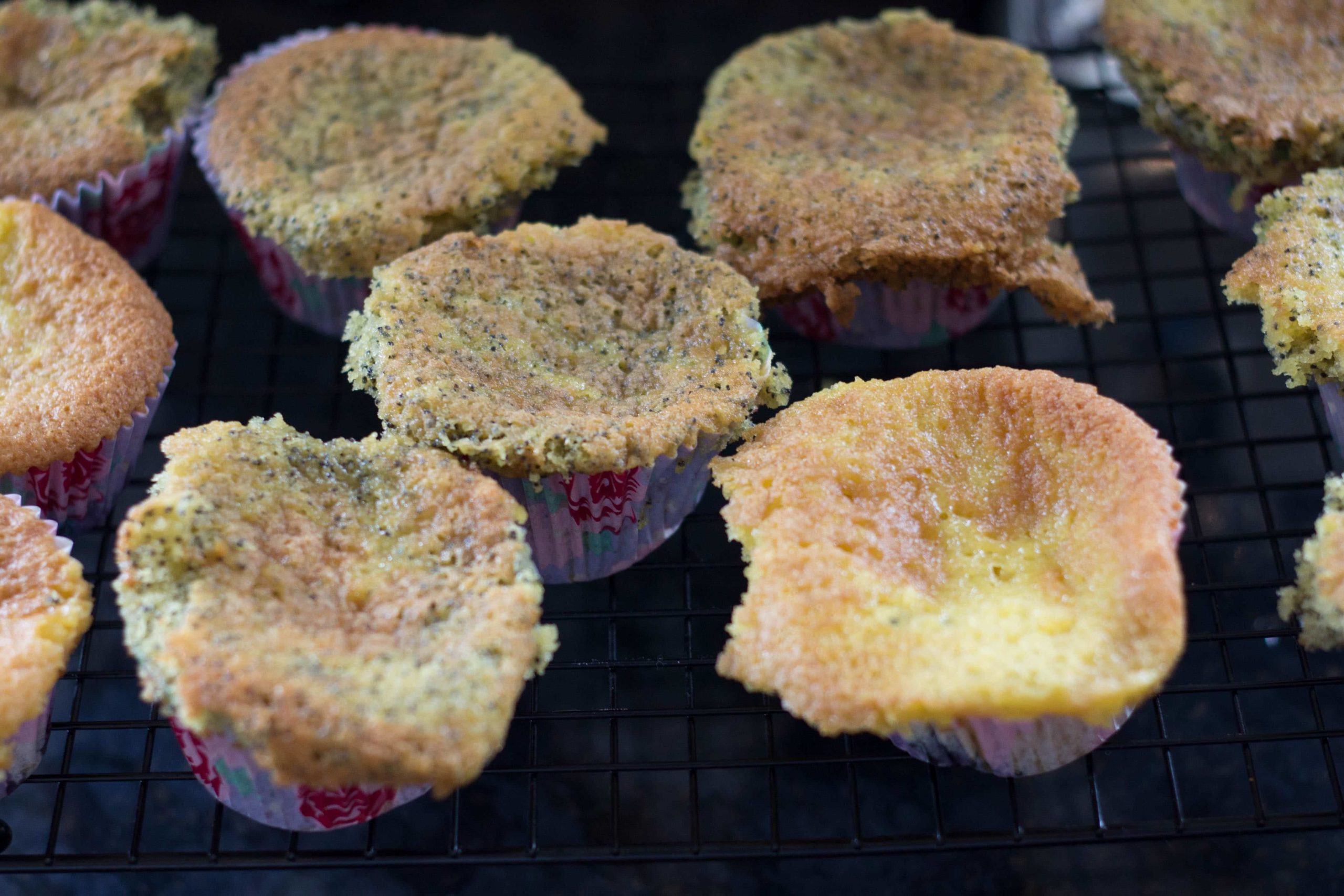 lemon and poppyseed muffins sunken in the middle.