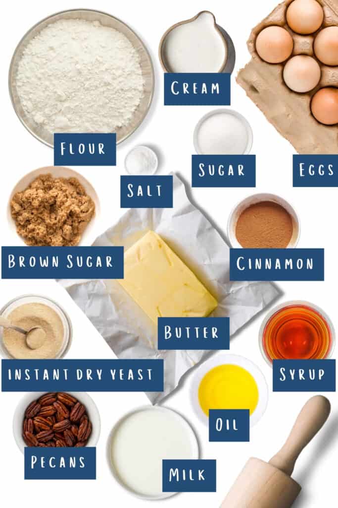 A neatly organized layout of sticky bun ingredients with labels, including flour, cream, sugar, eggs, brown sugar, salt, butter, cinnamon, instant dry yeast, syrup, oil, pecans, and milk, with a rolling pin on the side.