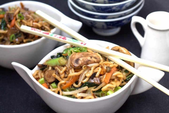 Perfect Chinese Noodles {Lo Mein} in a bowl with chopsticks 