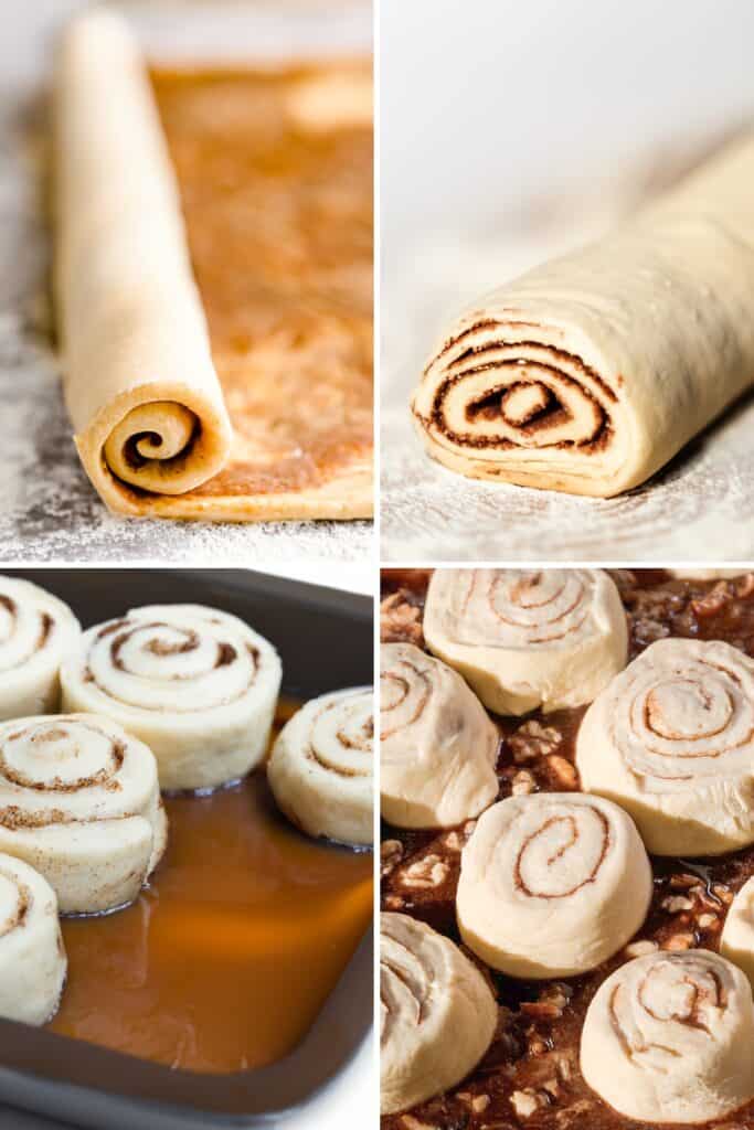 The rolled dough with the cinnamon filling and the cut dough in a pan with and without the nuts.