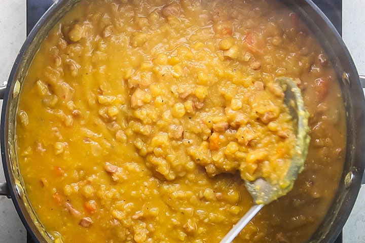 the yellow Split Pea and Bacon Soup cooked in the pan