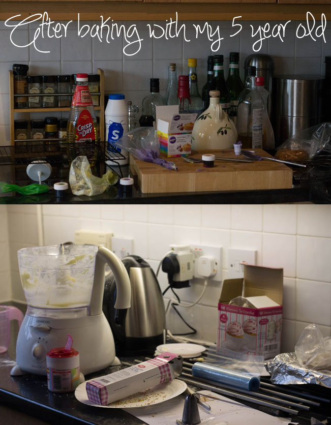 a kitchen counter top with lots of opened condiments and messy cooking aids.
