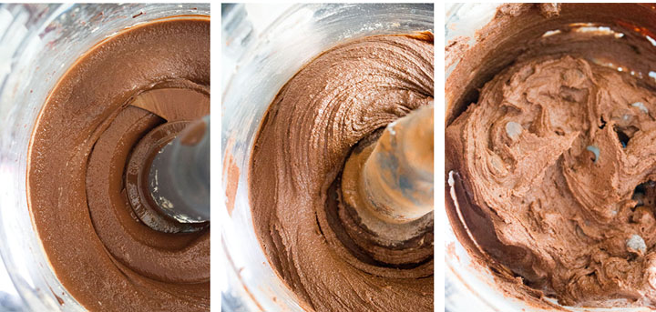 Three photos showing the eggs mixed in, the dry ingredients mixed in and the chocolate chips added to the dough