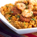 Shrimp and Chorizo on top of saffron rice
