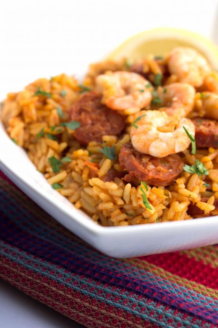 Shrimp and Chorizo on top of saffron rice