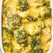 Cheesy Broccoli and Cauliflower Bake fresh out of the oven in the pan