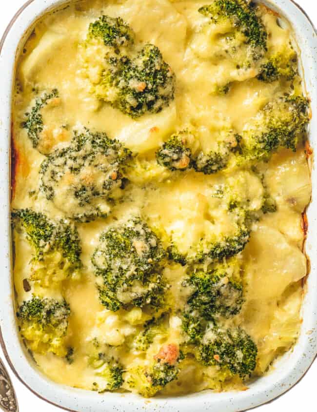 Cheesy Broccoli and Cauliflower Bake fresh out of the oven in the pan