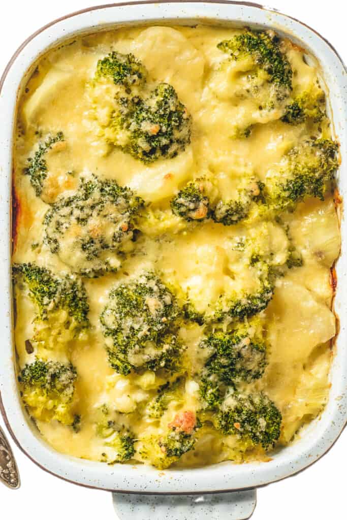 Cheesy Broccoli and Cauliflower Bake fresh out of the oven in the pan