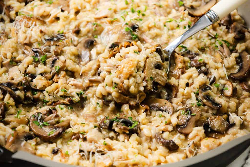 A spoonful of creamy chicken and mushroom risotto sprinkled with herbs.