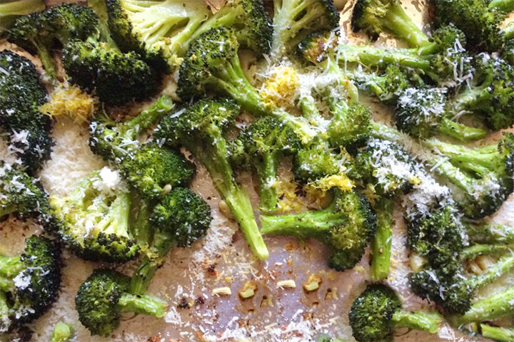 The roasted broccoli, crisp and brown sprinkled with lemon zest and grated Parmesan cheese