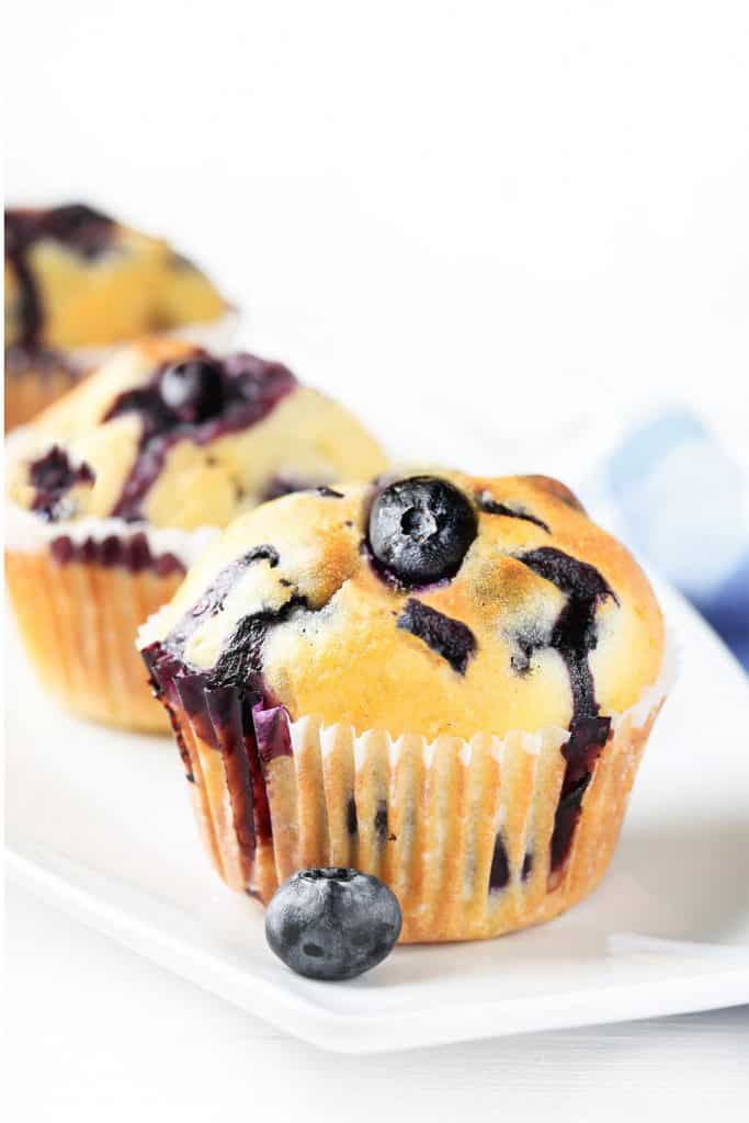 Three Blueberry muffins lined up on a plate with a blueberry next to the front muffin.