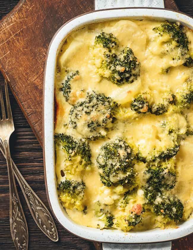 Fresh baked Cheesy Broccoli and Cauliflower Bake in the pan