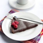 A close up of a plate with Chocolate silk tart and a fork