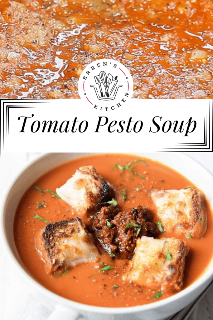 The top photo shows a pot of tomato soup cooking. The bottom photo is the finished tomato soup in a bowl with a dollop of red pesto in the center and four cheesy croutons around it.