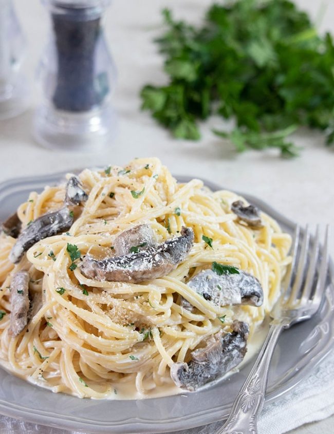 Creamy Mushroom Spaghetti on a grey plate with salt, pepper and parsley in the background
