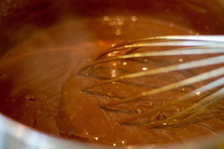 The filling mixture being mixed in the saucepan 