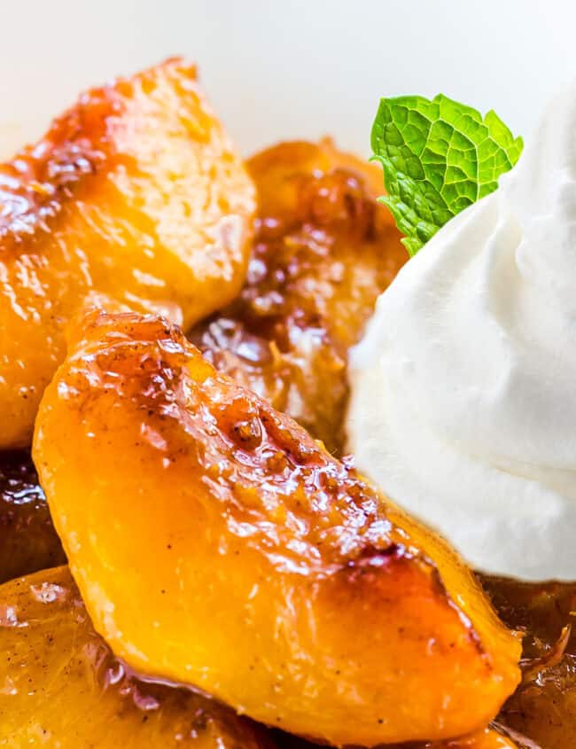 a bowl of warn peaches and cream