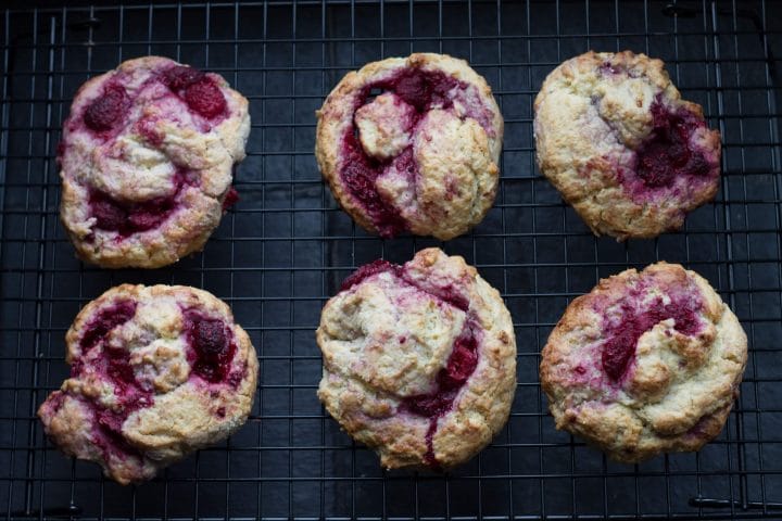 Iced Raspberry Scones cooling on a cooling rack