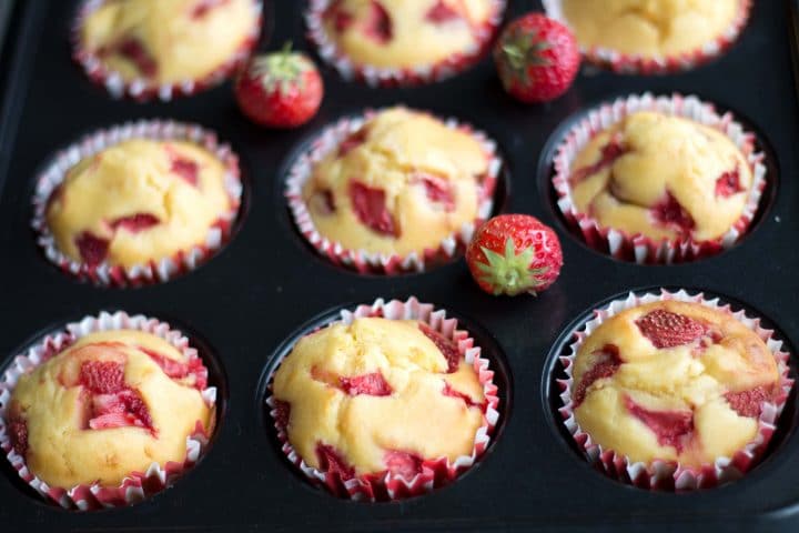 strawberry honey cornbread muffins freshly baked still in the pan