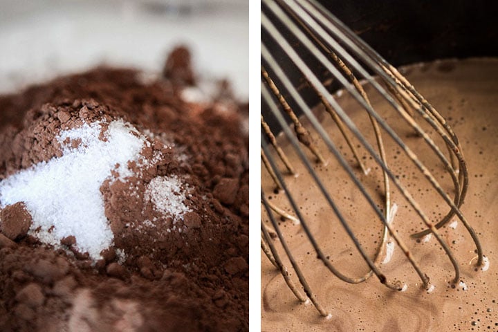 A photo of the dry ingredients in a pot and a whisk in the liquid mixture
