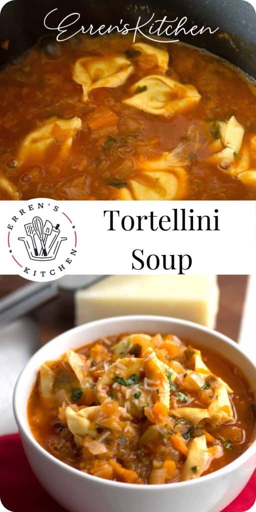 a collage of pictures showing tortellini vegetable soup being cooked and the finished dish