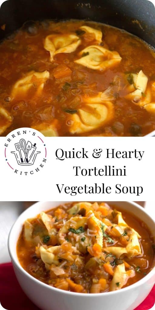 a collage of pictures showing tortellini vegetable soup being cooked and the finished dish