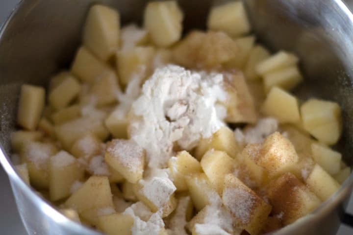 chopped apple in a bowl with cinnamon and flour dusted over it