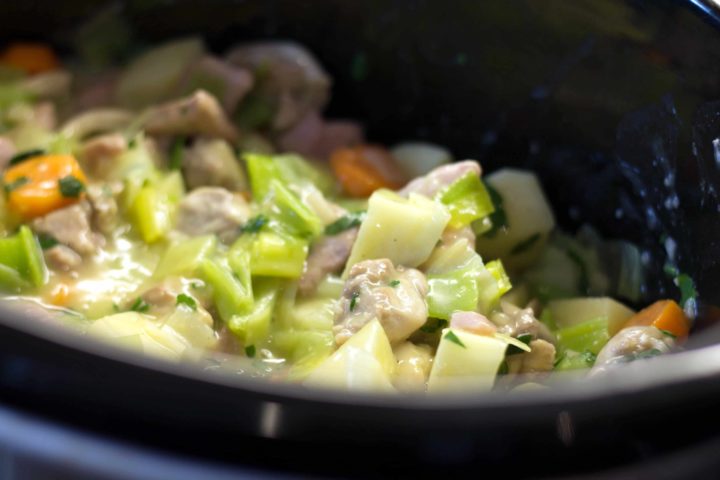vegetables and meat in a dish 