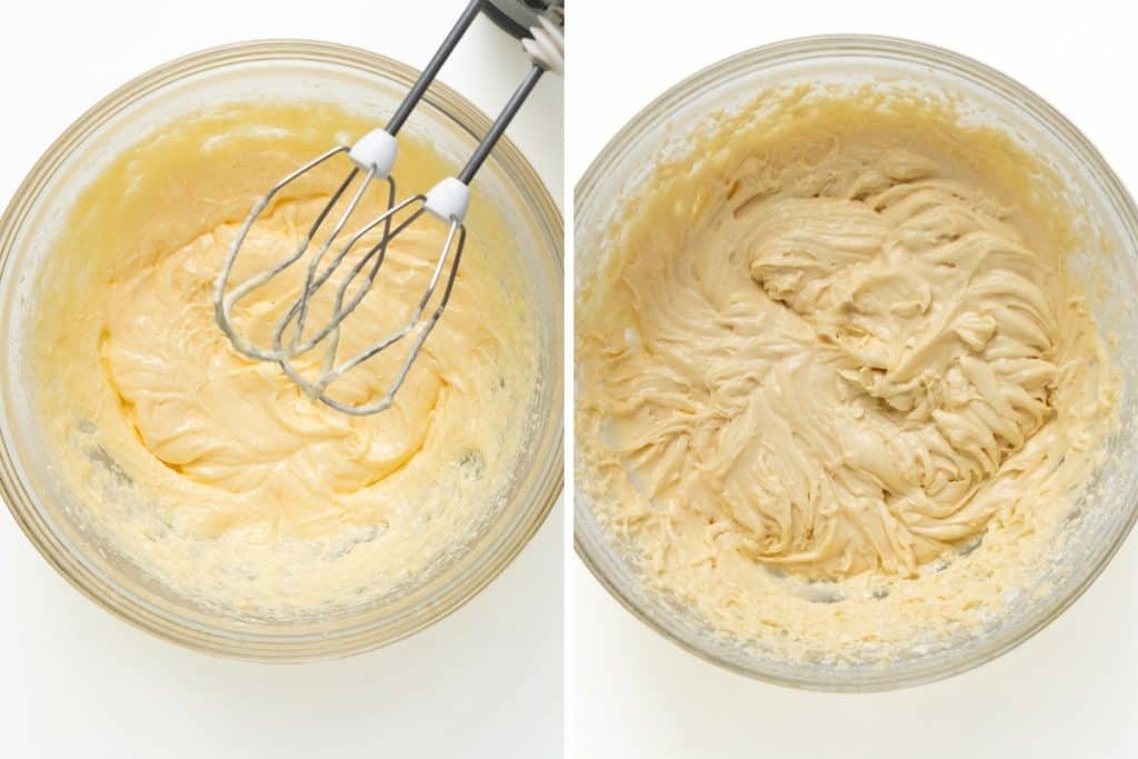Side-by-side images show bowls of creamy batter being mixed with an electric hand mixer; the left bowl is lighter yellow, while the right bowl&mdash;thicker and slightly darker in color&mdash;hints at the delicious Apple Cheesecake Muffins coming together.