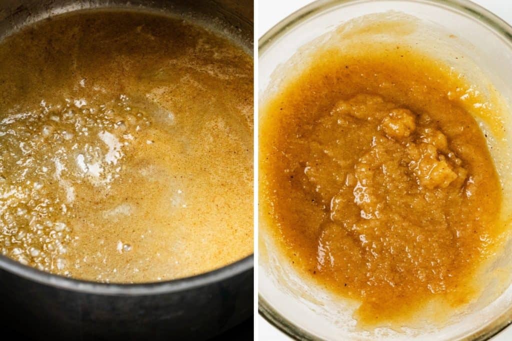 Side-by-side images: on the left, a pot with bubbling caramelizing sugar; on the right, a bowl of thick, golden-brown applesauce with a slightly chunky texture&mdash;perfect as an ingredient or topping for homemade Apple Cheesecake Muffins.