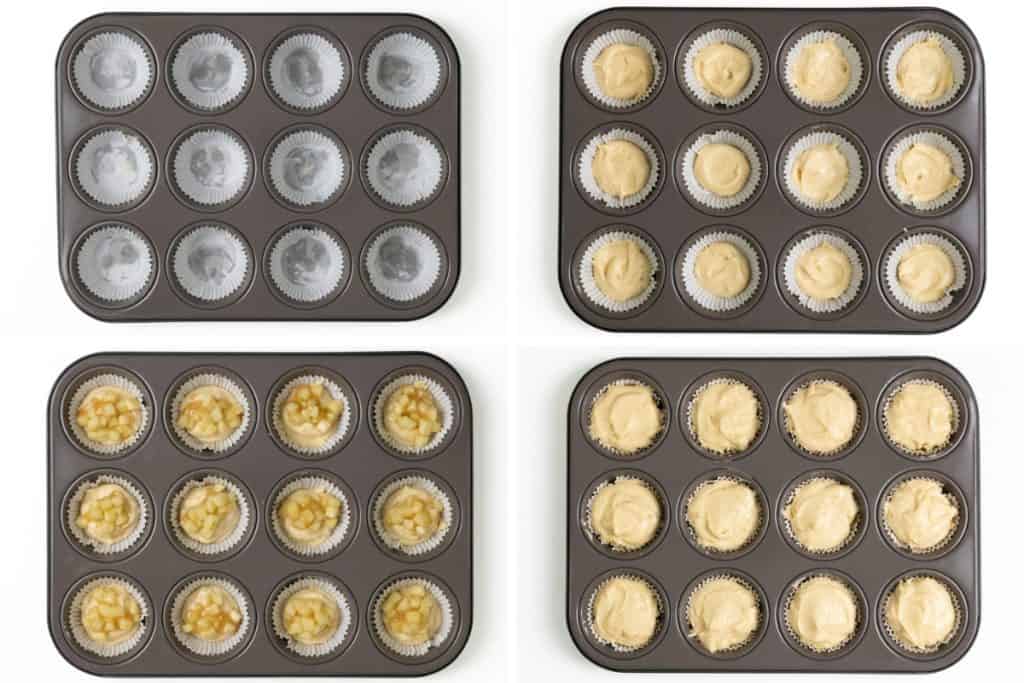Four muffin tins with paper liners: top left is empty, top right partly filled with batter, bottom left partly filled with batter and apple chunks for Apple Cheesecake Muffins, bottom right fully filled with batter.